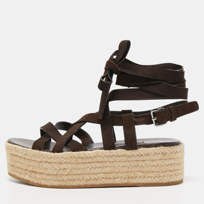 Pre-owned Miu Miu Dark Brown Suede Strappy Espadrille Platform Sandals Size 36