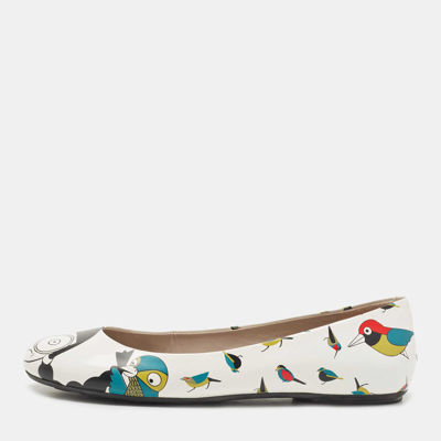 Pre-owned Marc By Marc Jacobs White Multicolor Bird Printed Leather Round Toe Ballet Flats Size 36