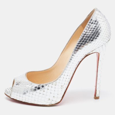 Pre-owned Christian Louboutin Silver Python Flo Peep Toe Pumps Size 37