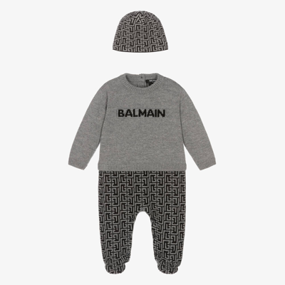 Shop Balmain Grey Wool & Silk Monogram Babysuit Set