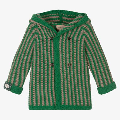 Shop Gucci Boys Green & Beige Wool Hooded Cardigan