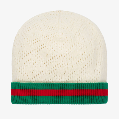 Shop Gucci Ivory Web Stripe Cotton Beanie Hat