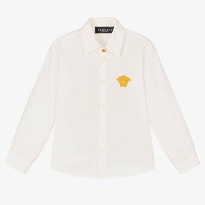Shop Versace Boys White & Gold Embroidered Medusa Shirt