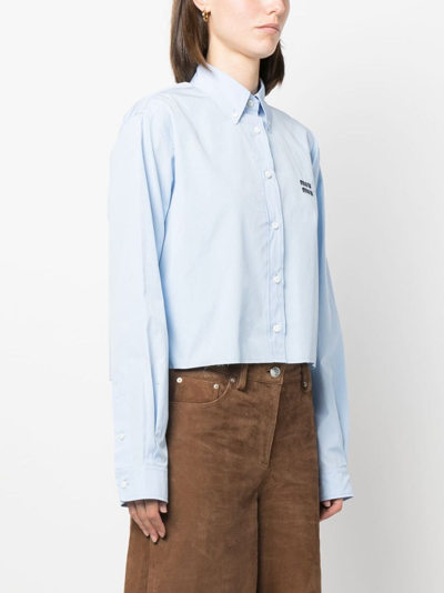 Shop Miu Miu Logo-embroidered Cropped Button-down Shirt In Blue