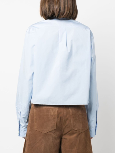 Shop Miu Miu Logo-embroidered Cropped Button-down Shirt In Blue