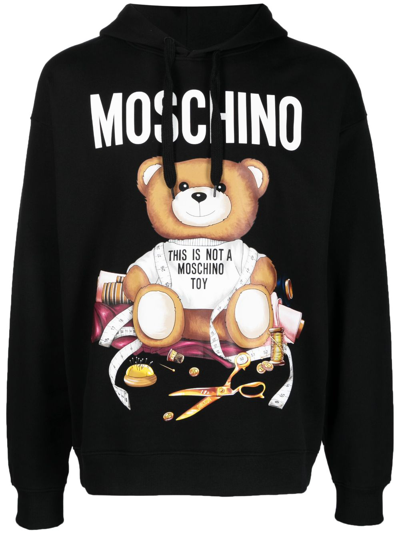 Shop Moschino Teddy Bear Organic Cotton Hoodie In Black