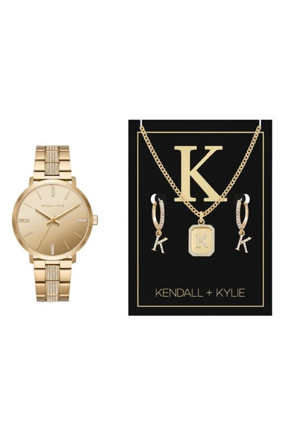 Shop I Touch Kendall + Kylie Bracelet Watch, Earrings & Necklace Gift Set, 49mm In Gold Tone