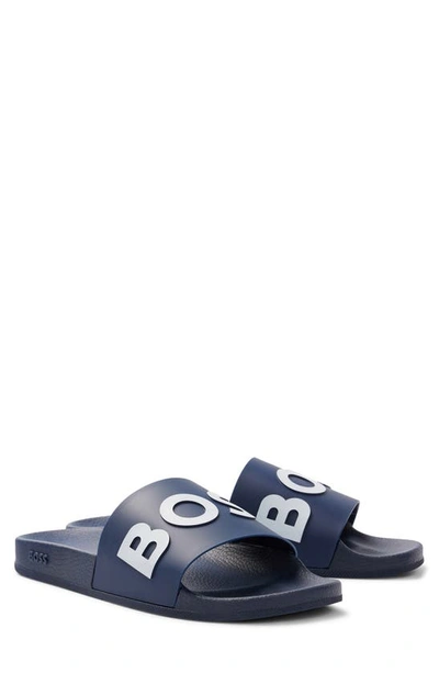 Hugo Boss Italian-made Slides With Raised Logo In Dark Blue