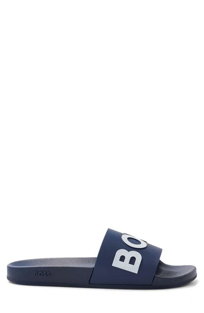 Hugo Boss Italian-made Slides With Raised Logo In Dark Blue