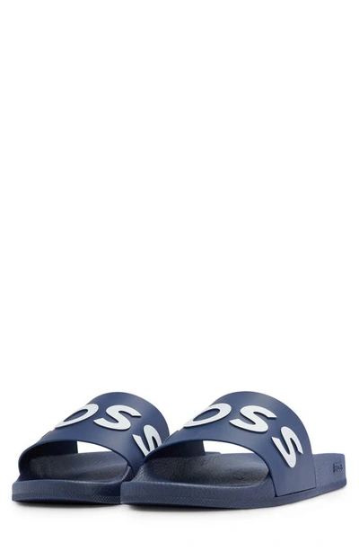 Hugo Boss Italian-made Slides With Raised Logo In Dark Blue