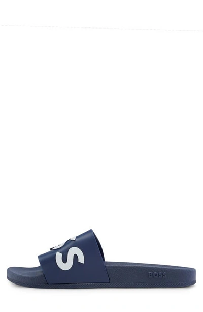 Hugo Boss Italian-made Slides With Raised Logo In Dark Blue