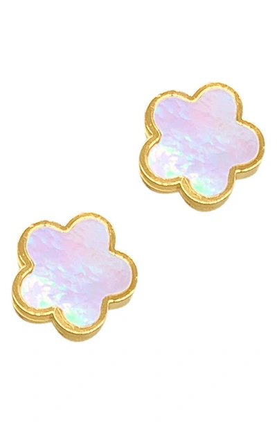 Shop Adornia 14k Gold Plated Green Mother-of-pearl Clover Stud Earrings In White