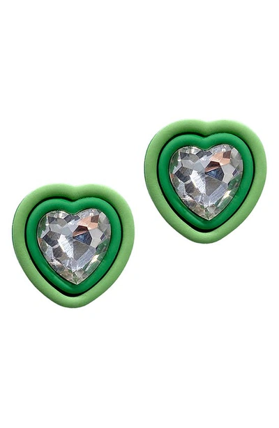Shop Adornia Rhodium Plated Crystal Heart Stud Earrings In Green