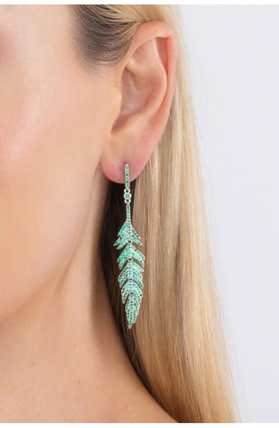 Eye Candy Los Angeles Feather Cz Drop Earrings In Green
