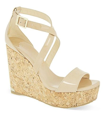 Shop Jimmy Choo Portia 120 Patent-leather Wedge Sandals In Nude
