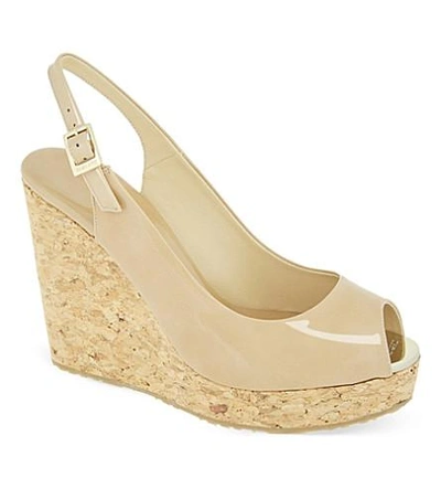 Shop Jimmy Choo Prova 120 Patent-leather Wedge Sandals In Nude