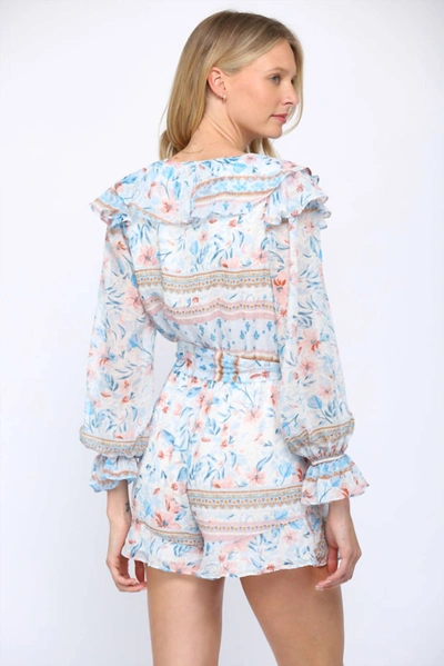 Fate Floral Print Ruffle Romper In Blue Multi
