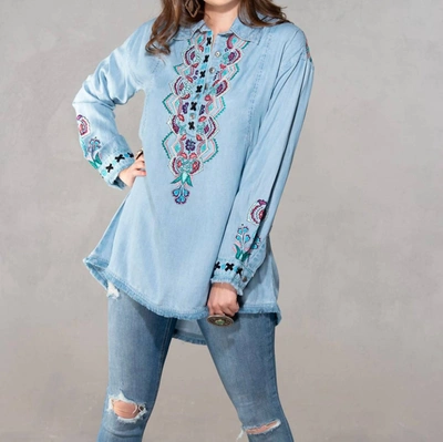 Shop Vintage Collection Charlie Floral Embroidered Tencel Shirt In Denim In Blue