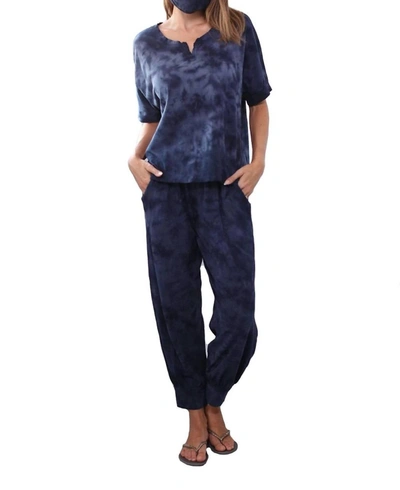 Pj Harlow Jojo Cherry Cotton Jogger Paired With Short Sleeve T Shirt Set In Tie Dye Navy In Multi
