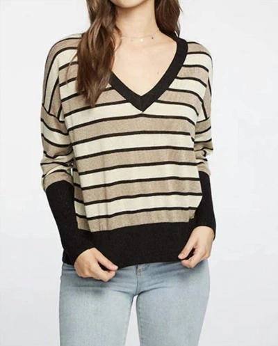 Chaser Long Sleeve Striped V-neck Sweater In Black & Gold Stripe In Multi