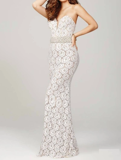 Shop Jovani Strapless Fitted Lace Prom Dress In White/nude In Multi