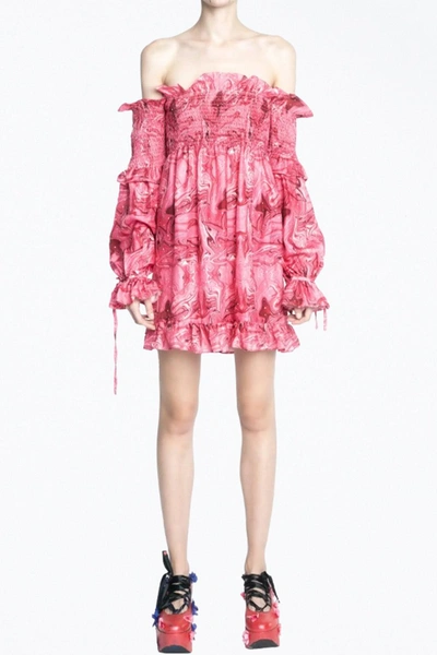 Shop Videmus Omnia Venus Off-the-shoulder Smocked Charmeuse Mini Dress In Pink