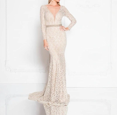 Shop Terani Couture Long Sleeves Lace Gown In Champagne In White