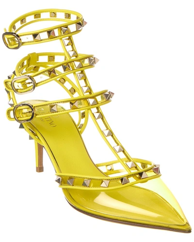Shop Valentino Rockstud Caged 65 Leather & Vinyl Ankle Strap Pump In Yellow