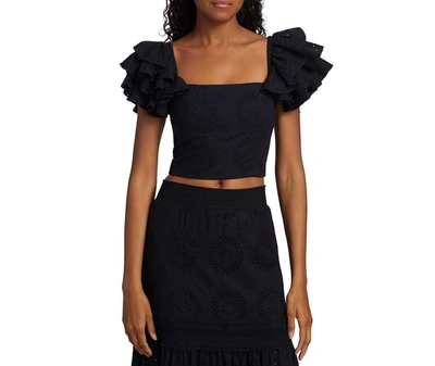Shop Alice And Olivia Tawny Square Neck Ruffle Crop Top In Black