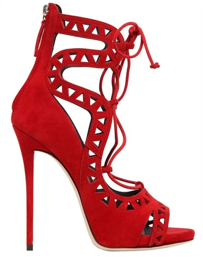 Shop Giuseppe Zanotti 120mm Cutout Lace-up Suede Sandals, Red