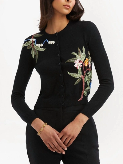 Shop Oscar De La Renta Floral Embroidered Cardigan In Black Multi