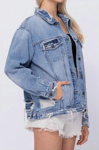 Shop Hidden Women's Distressed Bandana Oversized Denim Jacket In Light Wash In Blue