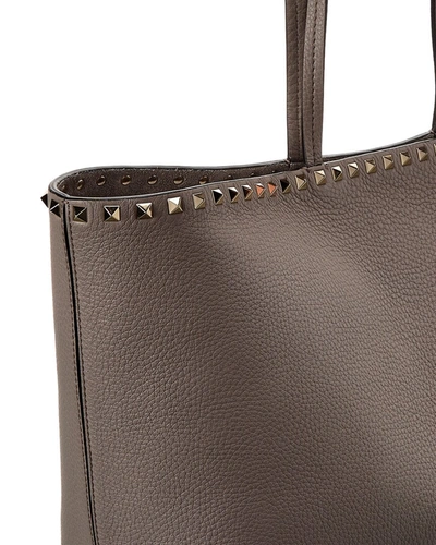Shop Valentino Rockstud Large Grainy Leather Shopper Tote In Brown