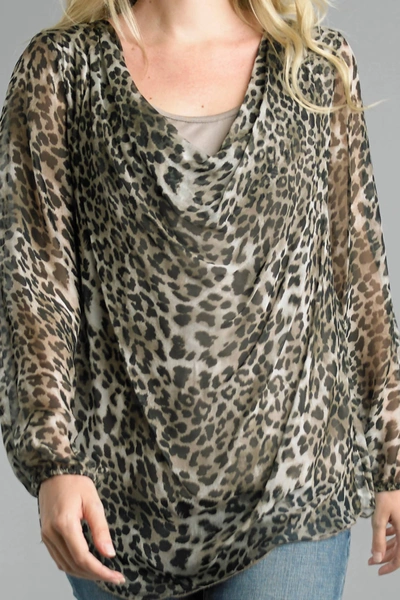 Tempo Paris Cowl Neckline Sheer Blouse With Lining In Cheetah Print In Multi