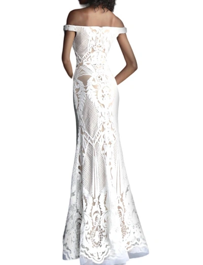 Shop Jovani Off-the-shoulder Long Party Dress In White/nude In Multi