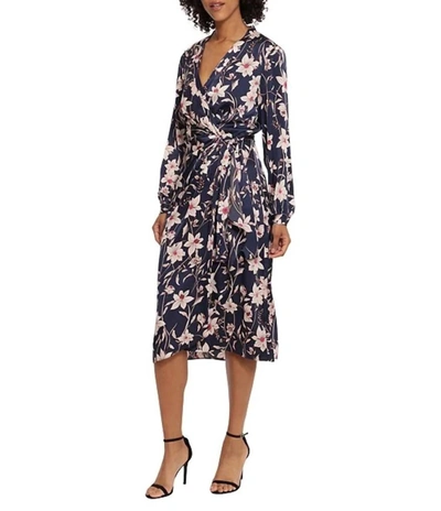 Shop Maggy London Long Sleeve Wrap Midi Dress In Navy Floral In Blue