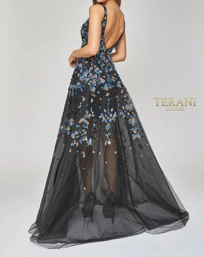 Shop Terani Couture Deep V Neck Long Sequin Gown In Black