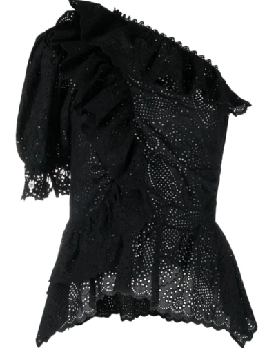 Shop Ulla Johnson Julianna Lace One Shoulder Puffed Sleeve Peplum Blouse In Solid Black In Multi
