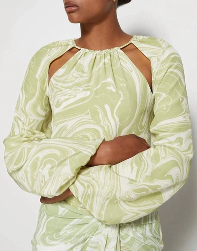 Shop Jonathan Simkhai Tia Marble Print L/s Tie Neck Top In Cactus Painted Marble In Multi