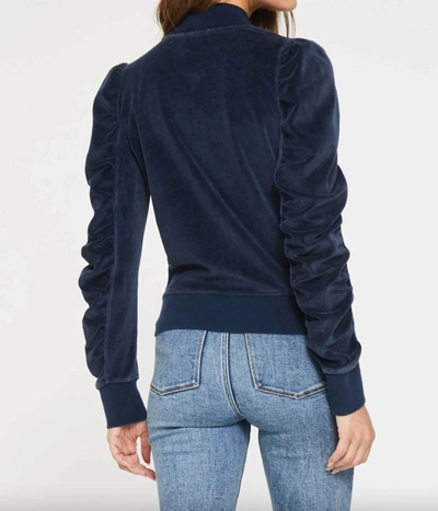 Shop Another Love Kayla Velour Ruched Puff Sleeve Zip Sweatshirt In Navy In Blue