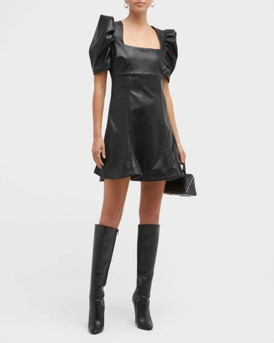Shop Likely Alia Faux-leather Puff-sleeve Mini Dress In Black