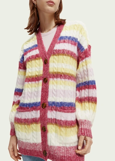 Shop Scotch & Soda Brushed Mixed Stripe Mid Length Cardigan In Cherry Pie In Multi