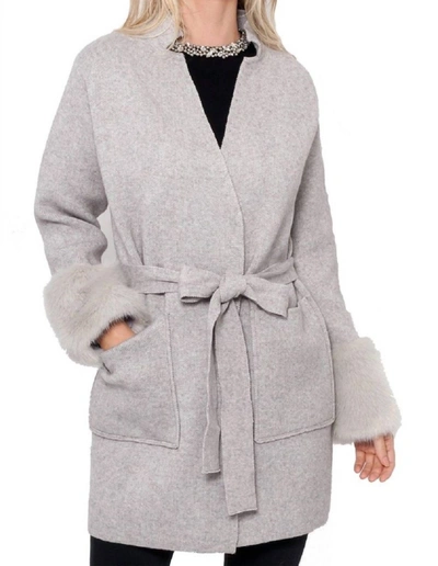 Shop Love Token Ginny Knit Cardigan W-faux Fur Trim In Light Grey