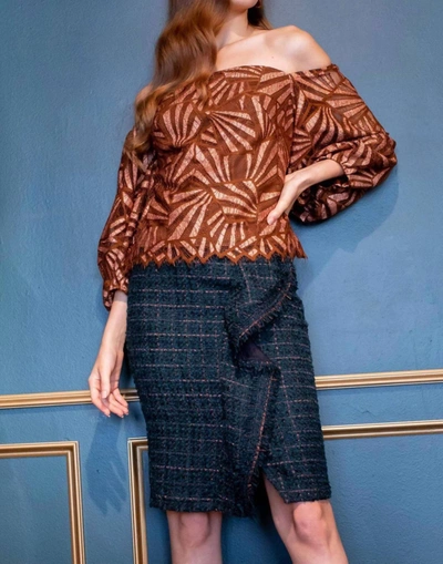 Eva Franco Copper Teal Tweed Pencil Skirt In Multi