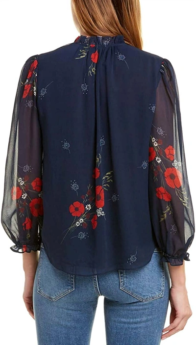 Shop Joie Rafaella Ruffle Trim Self Tie Neckline Silk Blouse In Midnight In Blue