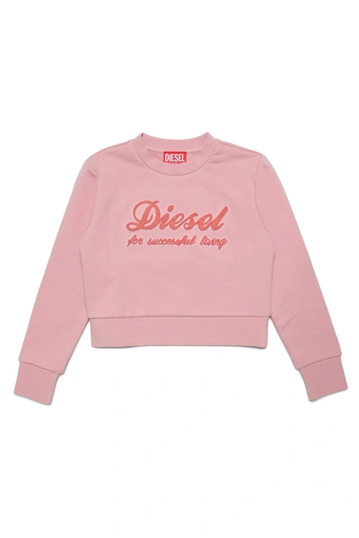 Shop Diesel Cotton Crew-neck Cropped Sweatshirt With Chenille-effect Logo In Pink