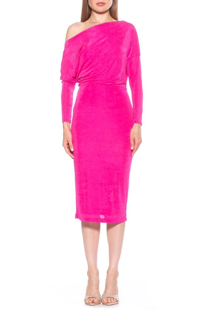 Shop Alexia Admor Leena One-shoulder Draped Midi Dress In Hot Pink