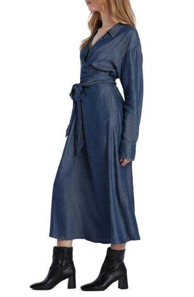 Shop Wash Lab Denim Tie Waist Long Sleeve Denim Maxi Dress In Lucy Blue