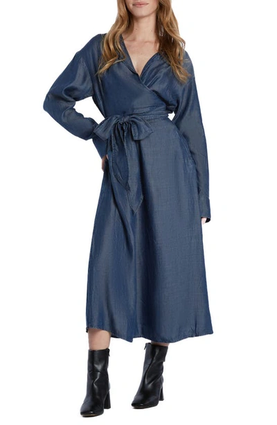 Shop Wash Lab Denim Tie Waist Long Sleeve Denim Maxi Dress In Lucy Blue