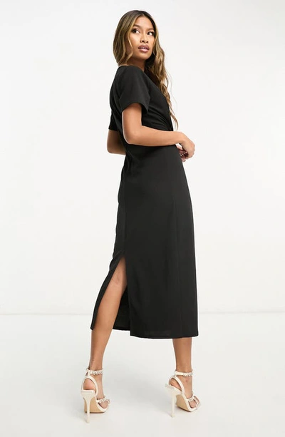 Asos Design Twist Front Midi Dress With Short Sleeve In Black In Black